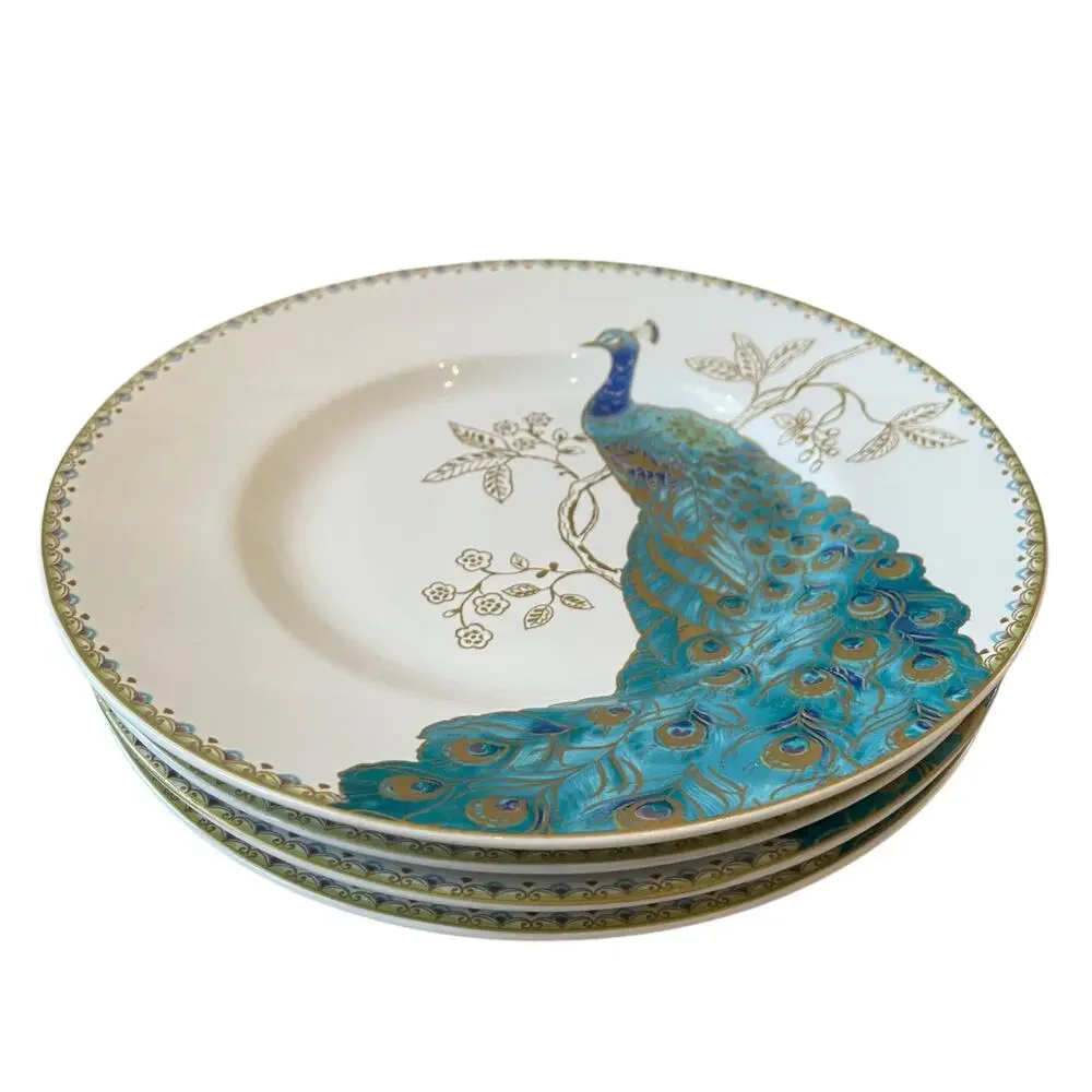 4pc 222 FIFTH Peacock Garden Porcelain Salad Plate Set Teal Gold Floral Scroll